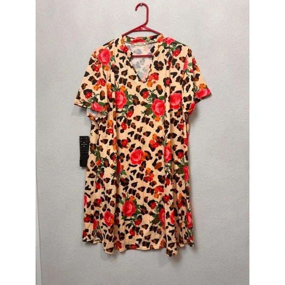 Southern Stitch Leopard Rose Print V Neck Short Sleeve Tunic Dress XL - Picture 2 of 4